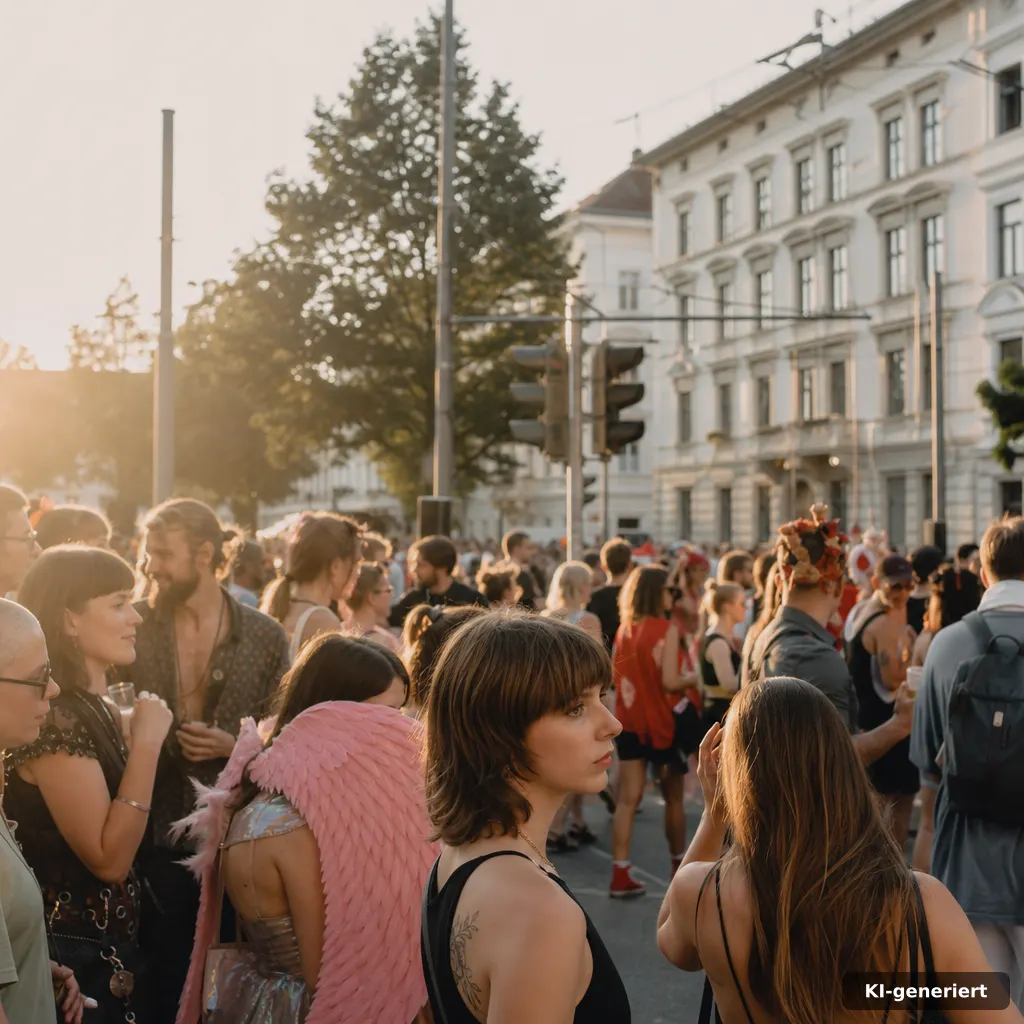 dokumentarisches Foto einer Straßenszene an der Föhrenstraße mit Menschen in Feststimmung (keine erkennbaren Logos, kein