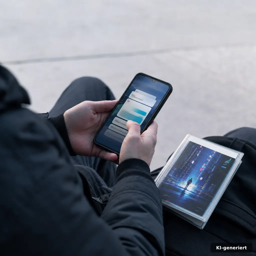 Nahaufnahme einer Smartphone-Szene mit Karten-/Benachrichtigungs-Optik (keine lesbaren Inhalte), daneben ein kleines Pro