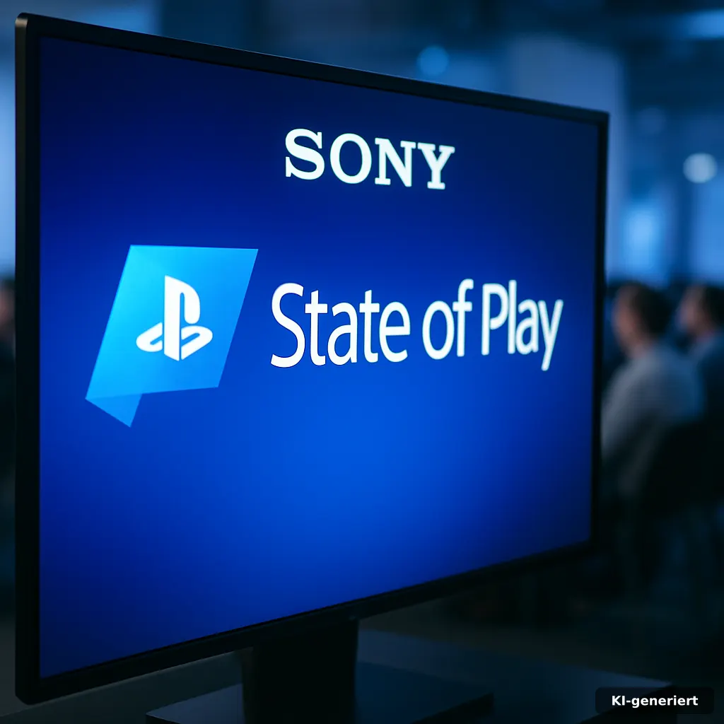 Junger Gamer schaut sony state of play Stream auf TV in dunklem Zimmer