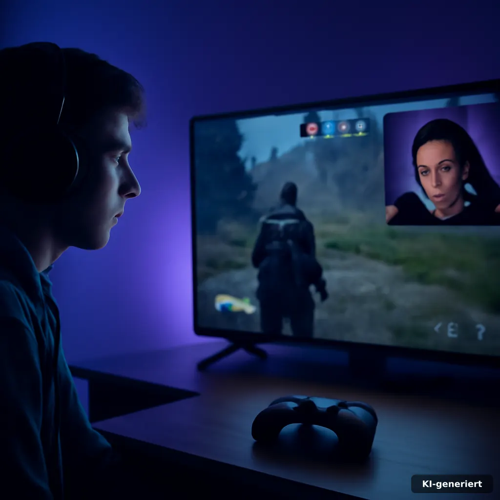 junger Gamer im dunklen Setup schaut auf TV ein Gaming-Livestream-Overlay mit Controller auf dem Tisch, blau-violette Am