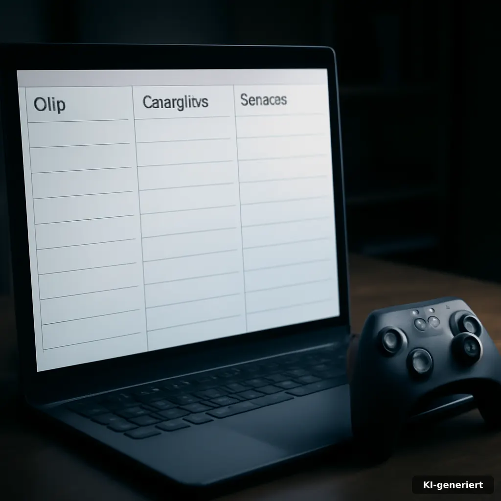 Screenshot-ähnliche Ansicht eines Notizsystems mit drei Spalten „Clip / Gameplay / Kontext“, daneben Controller, dunkles