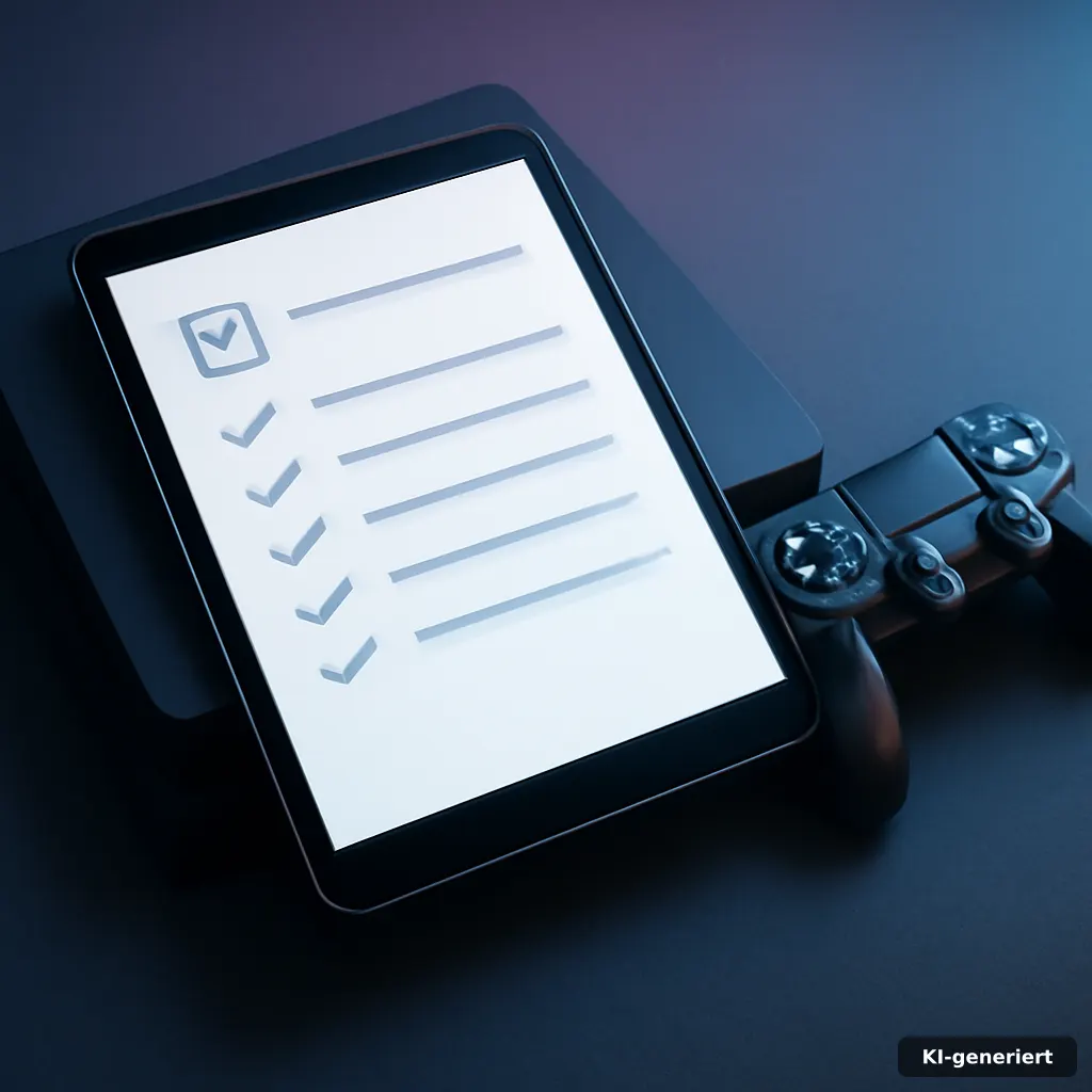 redaktionelles Layout einer Checkliste auf Tablet/Notebook mit PlayStation-Theme ohne Logos, moderne Lichtstimmung, phot