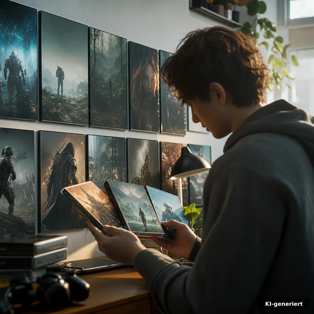 Steam Summer Sale: 18 Spiele schon jetzt auf dem Radar 3 cinematic editorial photo of a wall of game cover posters on a desk, subtle steam-themed UI glow abstracted (no text), h