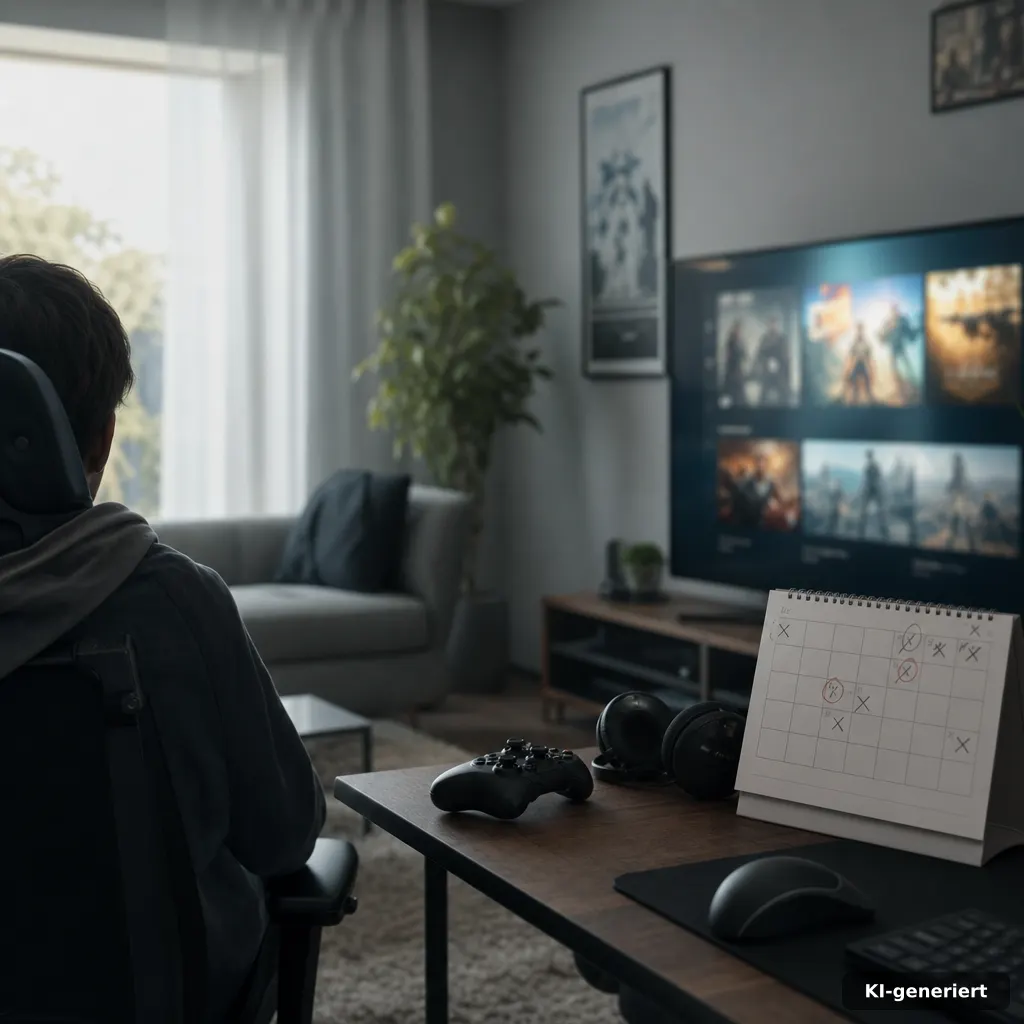 Steam Summer Sale: 18 Spiele schon jetzt auf dem Radar 4 wide shot of a gaming setup in a living room, monitor shows blurred storefront panels, desk calendar with marked dates (