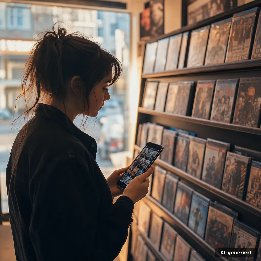 editorial photograph of a movie rental shelf and a smartphone displaying a streaming interface, soft golden-hour lightin