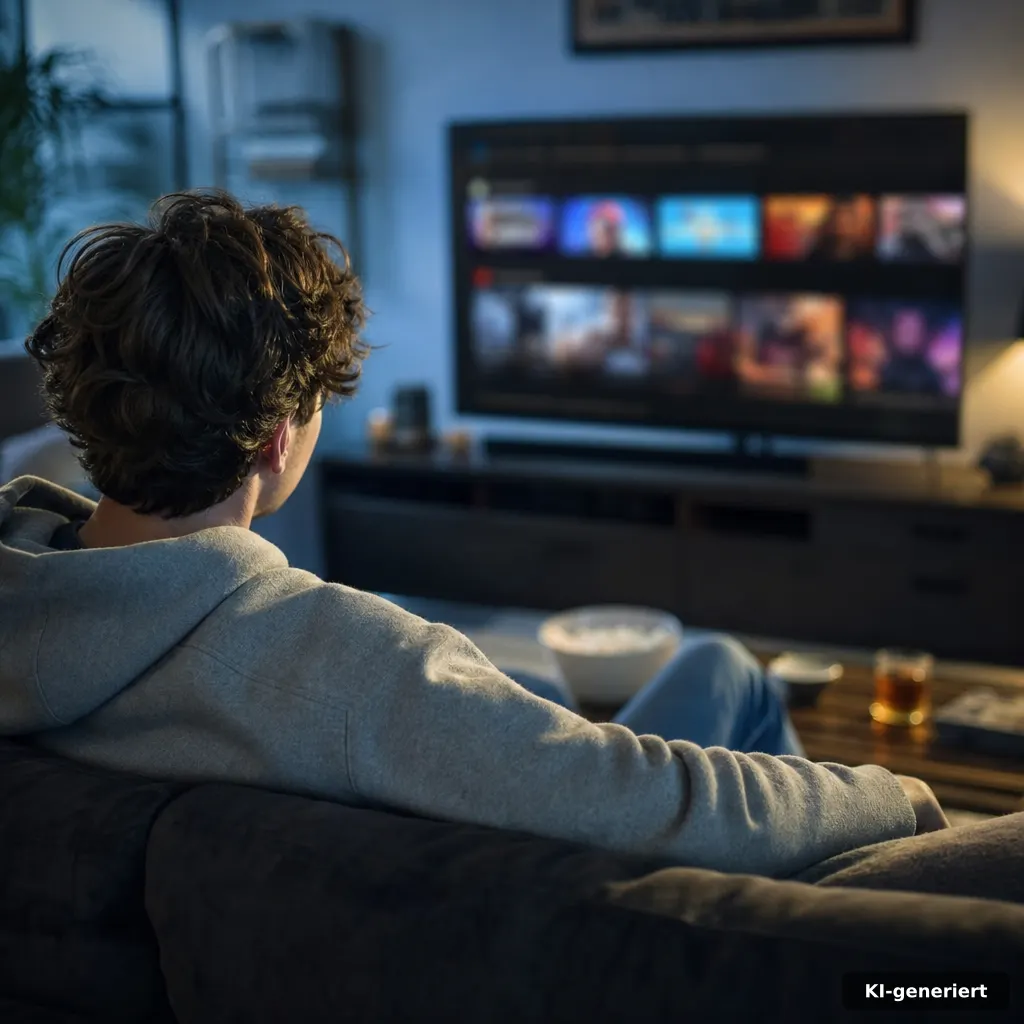 documentary-style photo of a living room couch with a TV on, streaming app icons on a blurred screen, cool blue lighting