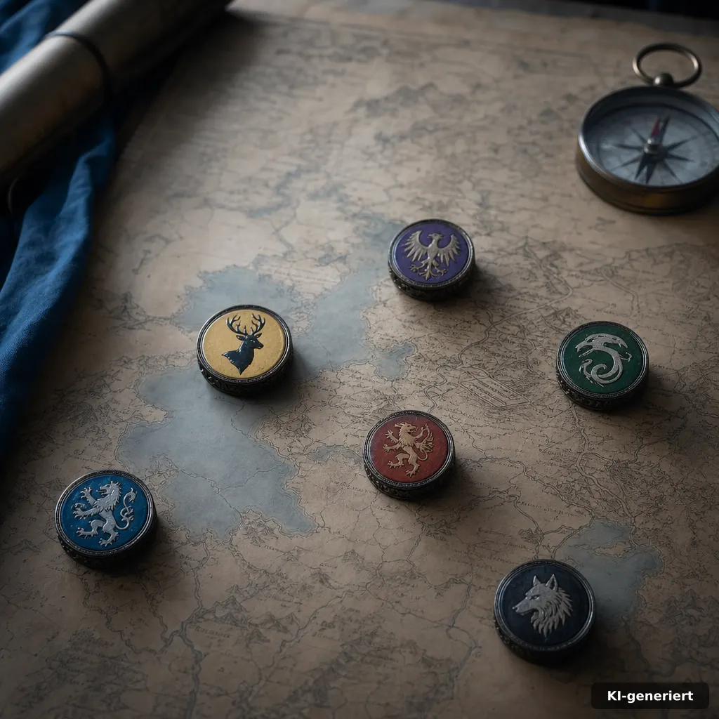 editorial photo of a medieval strategy map table with six color-coded faction tokens and a compass, natural soft lightin