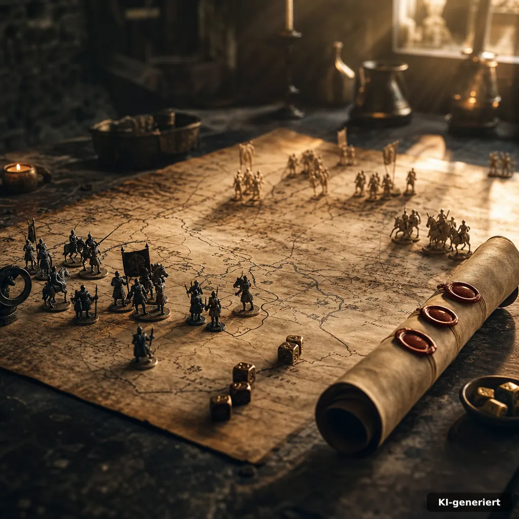 documentary-style photo of a medieval parchment strategy board with miniature armies (unbranded), dice, and a sealed scr