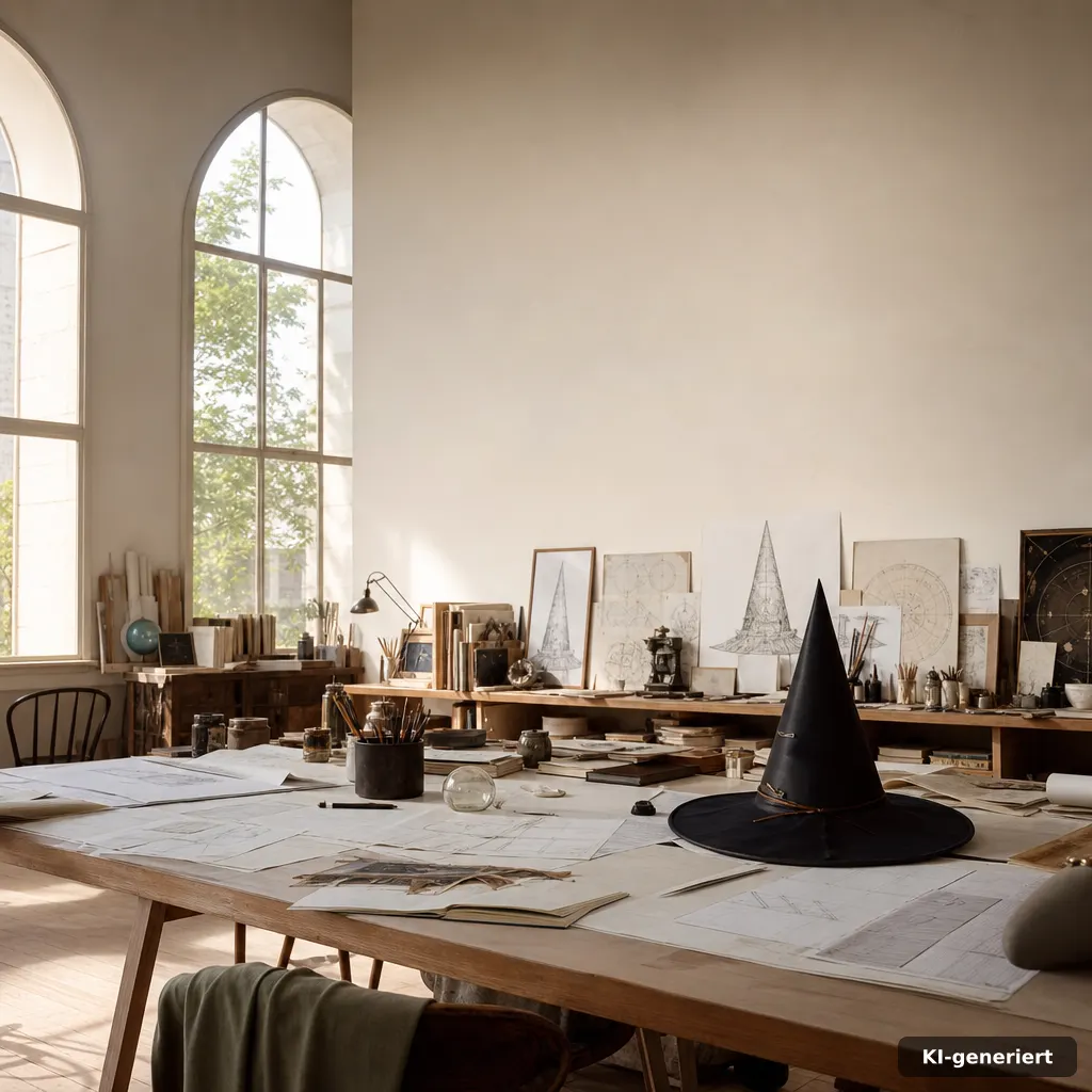 Witch hat atelier anime Magiesystem Blueprint auf Holzschreibtisch mit warmem Tageslicht