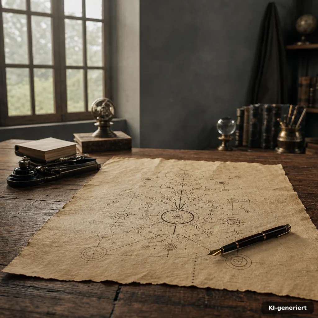 editorial photo of a compact spellcraft blueprint on textured parchment with branching abstract rule lines, fountain pen