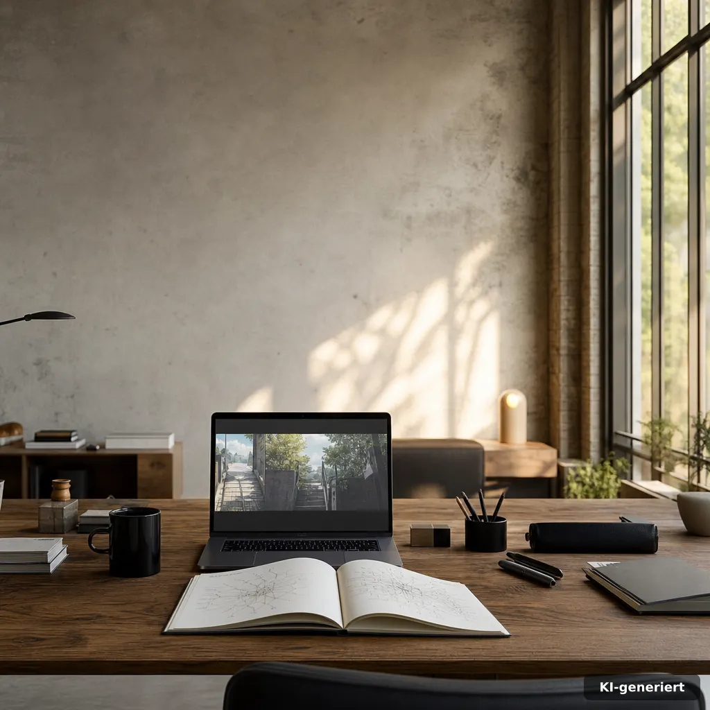 editorial photo of a cozy coworking desk setup with a laptop showing abstract anime frames (no readable text), open note