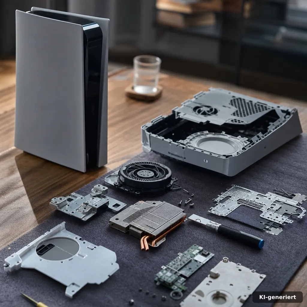 editorial photo of a game console on a desk with scattered storage components and printed hardware labels, cool grey ton