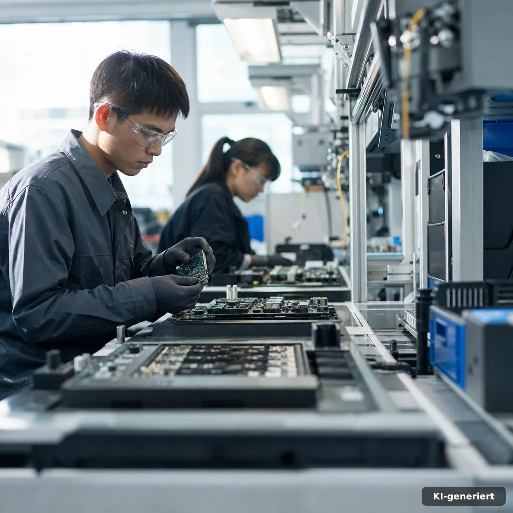 documentary photograph of a storage component assembly line with technicians inspecting circuit boards, cool grey and bl