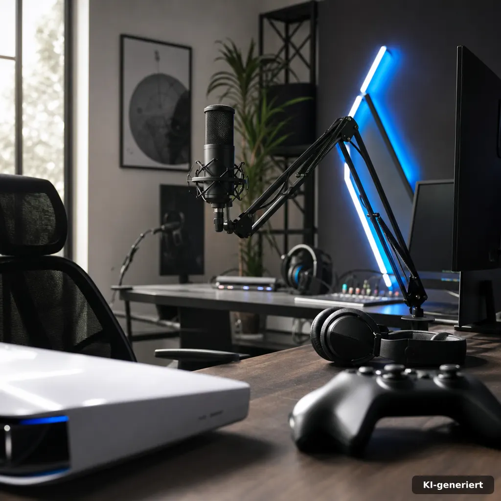 wide editorial photograph of a gaming media studio desk with microphones, headphones, and console controllers, cool neut