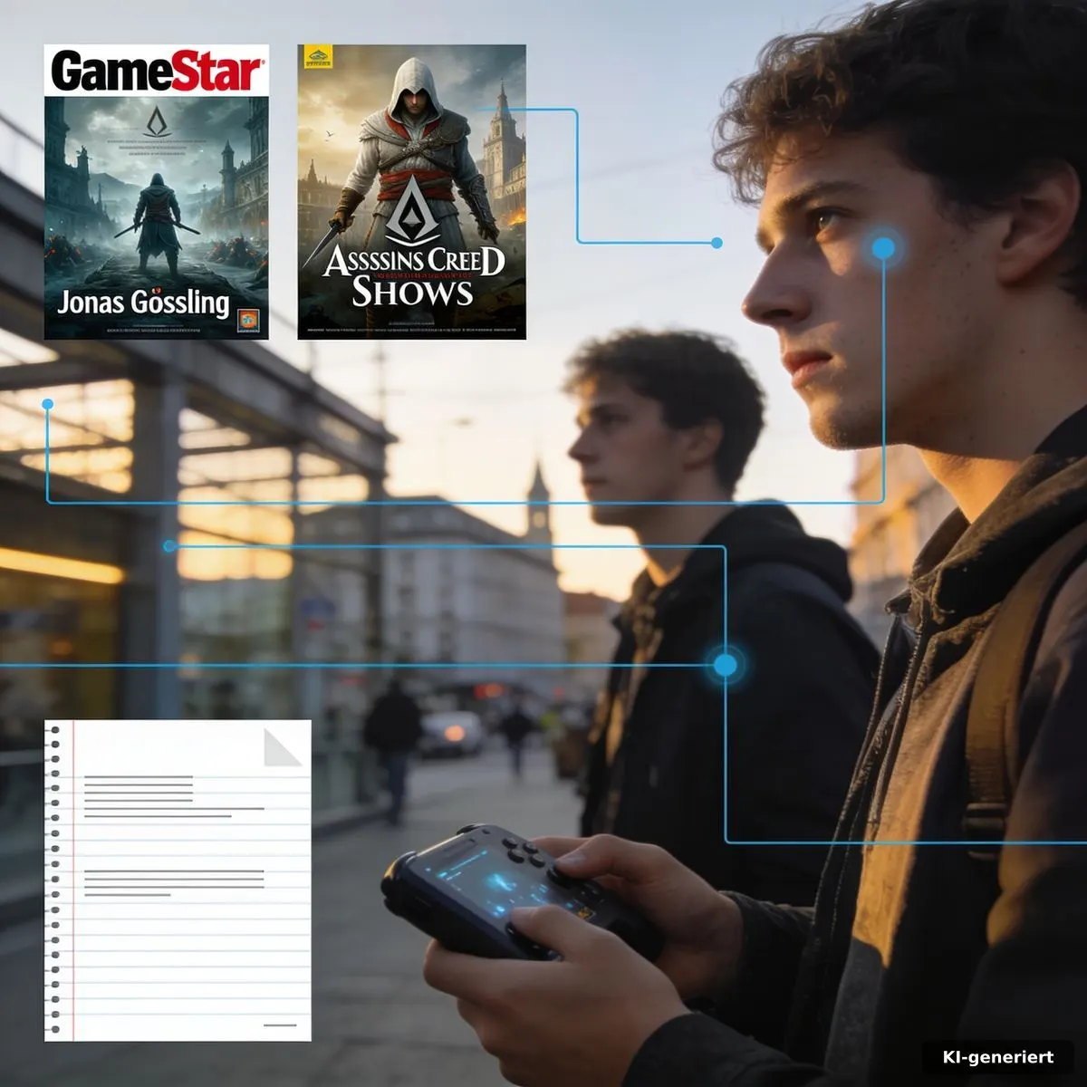 Alle Assassin's Creed Spiele als redaktionelles Gaming-Ranking mit Controller, Karte und historischen Spielehüllen