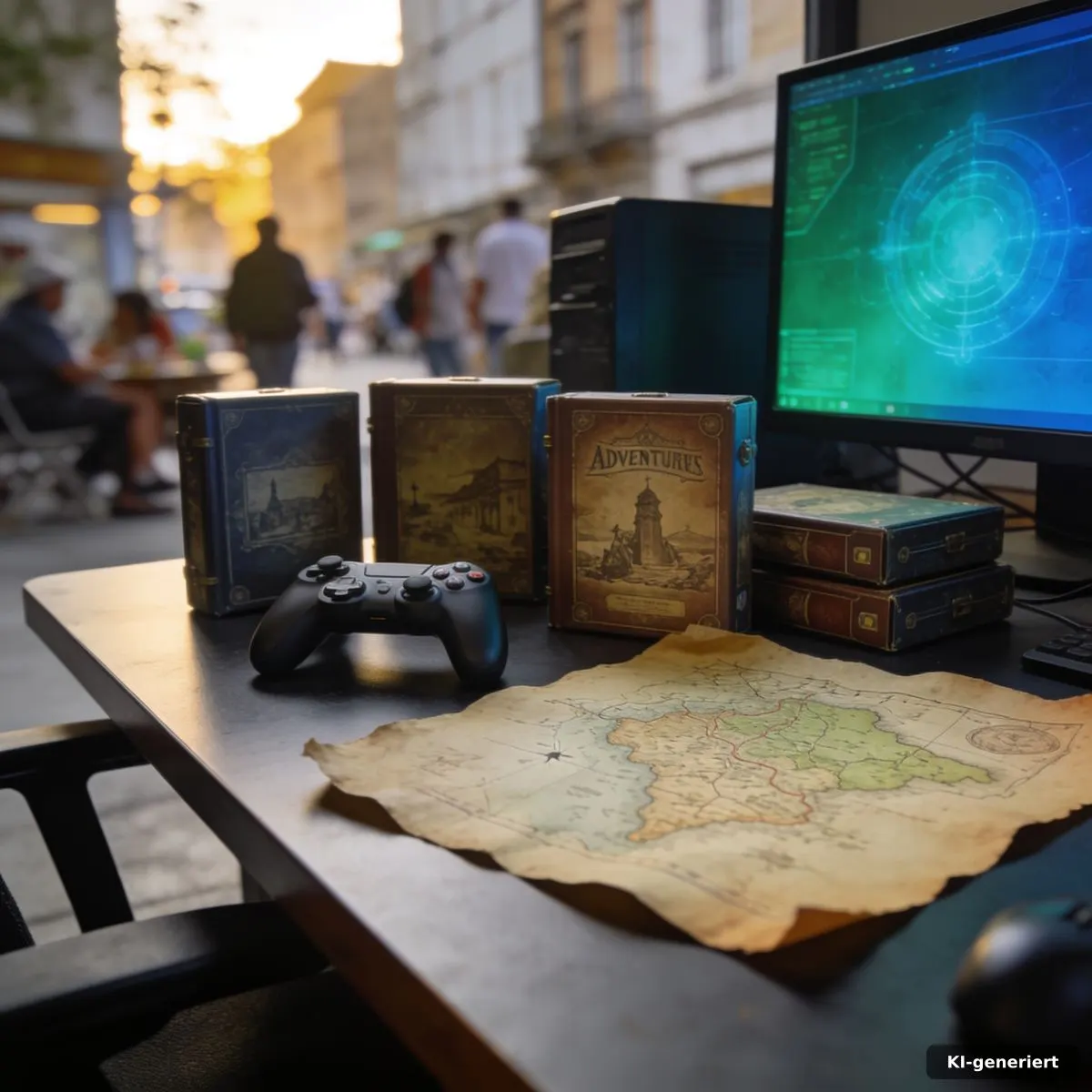 Alle Assassin's Creed Spiele: Das Ranking erklärt 2 Gaming-Schreibtisch mit Controller, historischen Spielehüllen und Karte