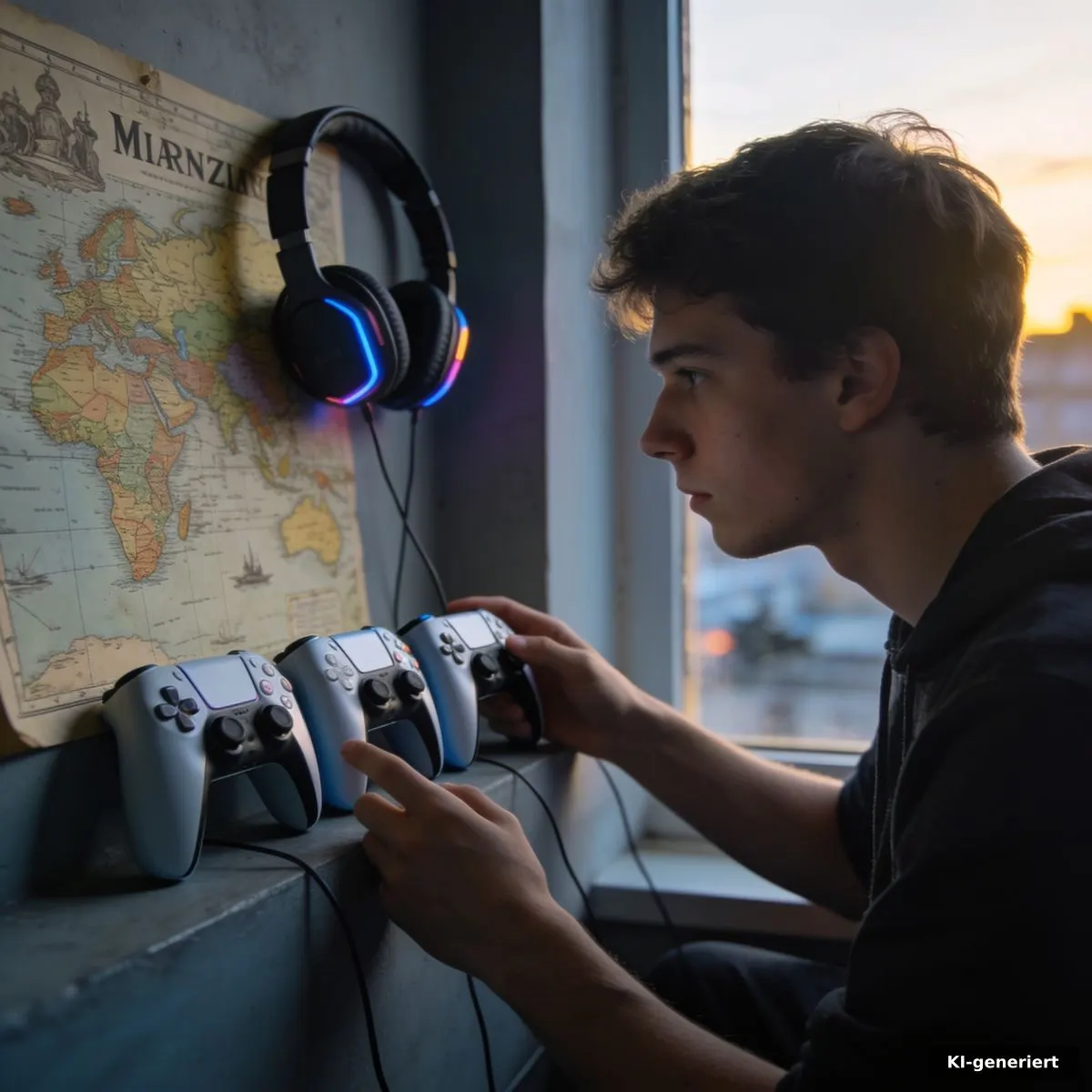Alle Assassin's Creed Spiele: Das Ranking erklärt 3 Spieler vergleicht Controller neben historischer Karte und Kopfhörern