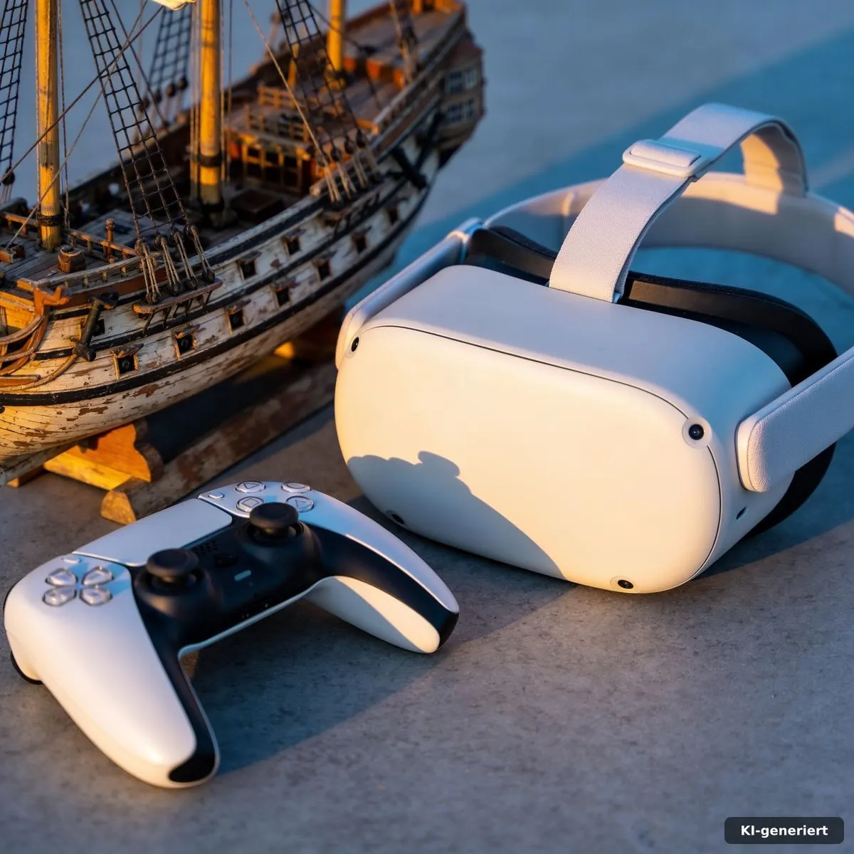 Alle Assassin's Creed Spiele: Das Ranking erklärt 4 VR-Headset neben Schiffsmodell und modernem Controller
