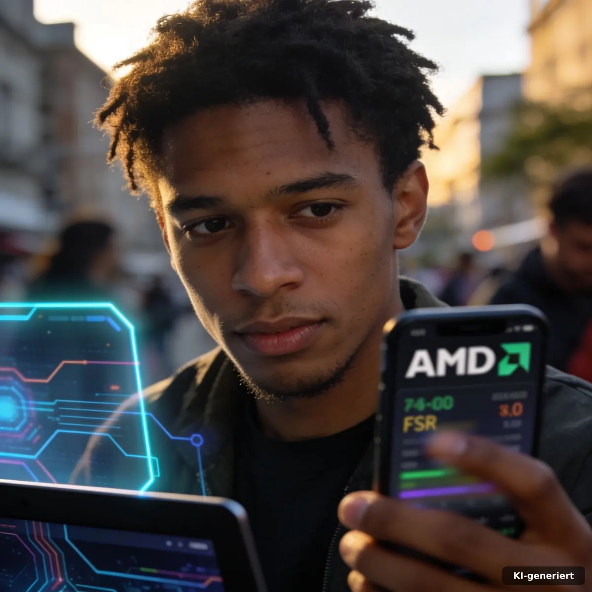 AMD Multi Frame Generation auf einem Gaming-Monitor mit abstrakten Zwischenbildern und Radeon-Grafikkarte