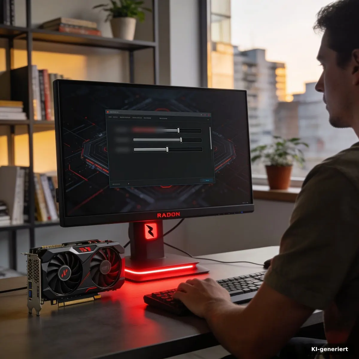 Amd Multi Frame Generation: Warum 8x gestrichen ist 2 Gaming-PC mit abstrakter Treiberoberfläche und roter Grafikkartenbeleuchtung