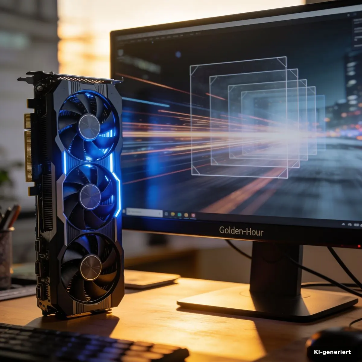 Amd Multi Frame Generation: Warum 8x gestrichen ist 3 Grafikkarte neben einem Monitor mit abstrakten Bewegungsspuren und überlagerten Bildern