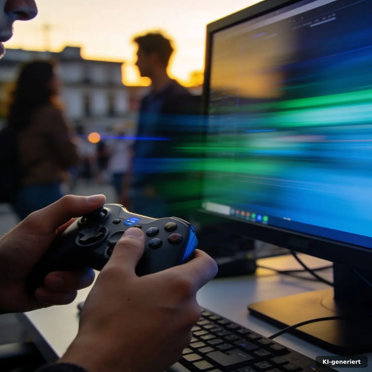 Amd Multi Frame Generation: Warum 8x gestrichen ist 4 Hand am Controller vor einem Monitor mit abstrakten flüssigen Bewegungsdarstellungen