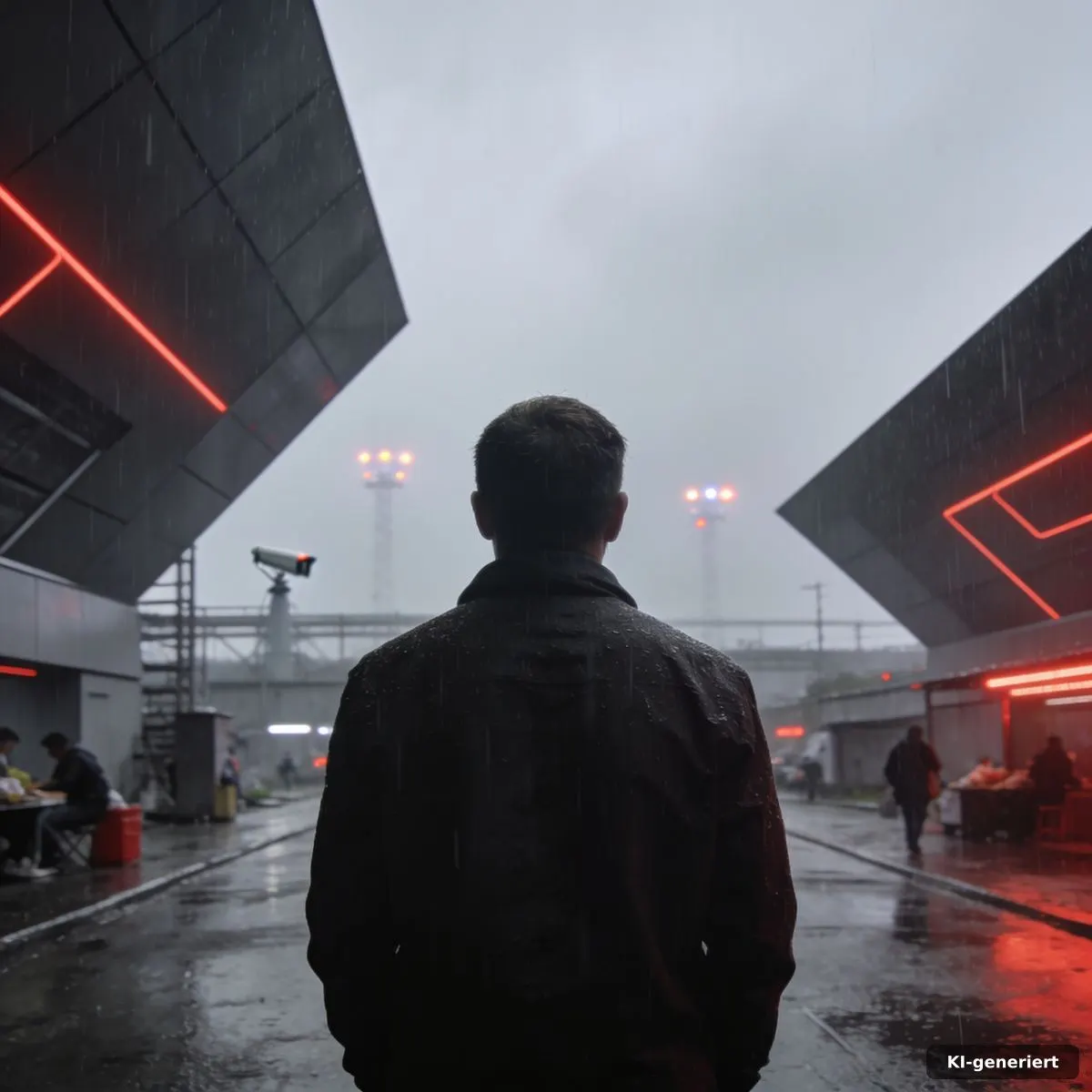 Andor Star-wars Serie: Der verworfene Thriller-Plan 4 Einzelne Figur in einer regennassen Industriestadt unter Überwachungslichtern