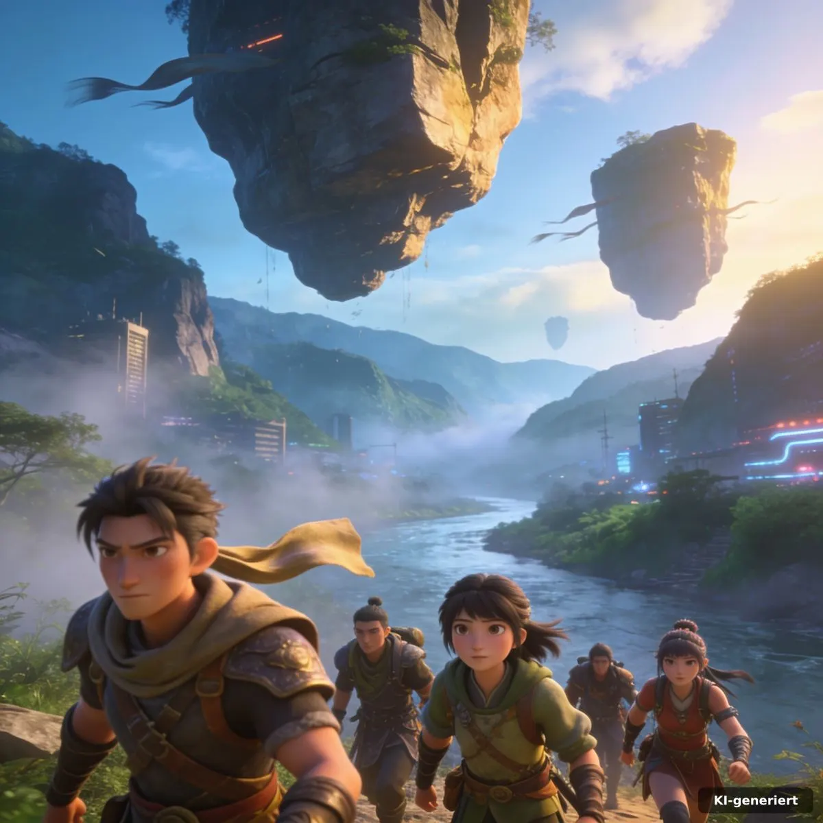 Avatar Aang Neuer Animiertenfilm: Start früher bei Paramount+ 3 Eine Gruppe von Avatar-Abenteurern durchquert ein nebliges Tal mit schwebenden Felsen