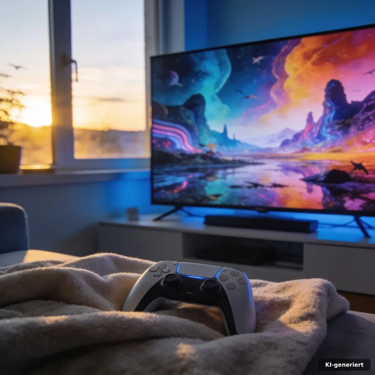 Avatar Aang Neuer Animiertenfilm: Start früher bei Paramount+ 4 Streaming-Setup mit Controller und farbenfroher Fantasy-Landschaft auf dem Bildschirm