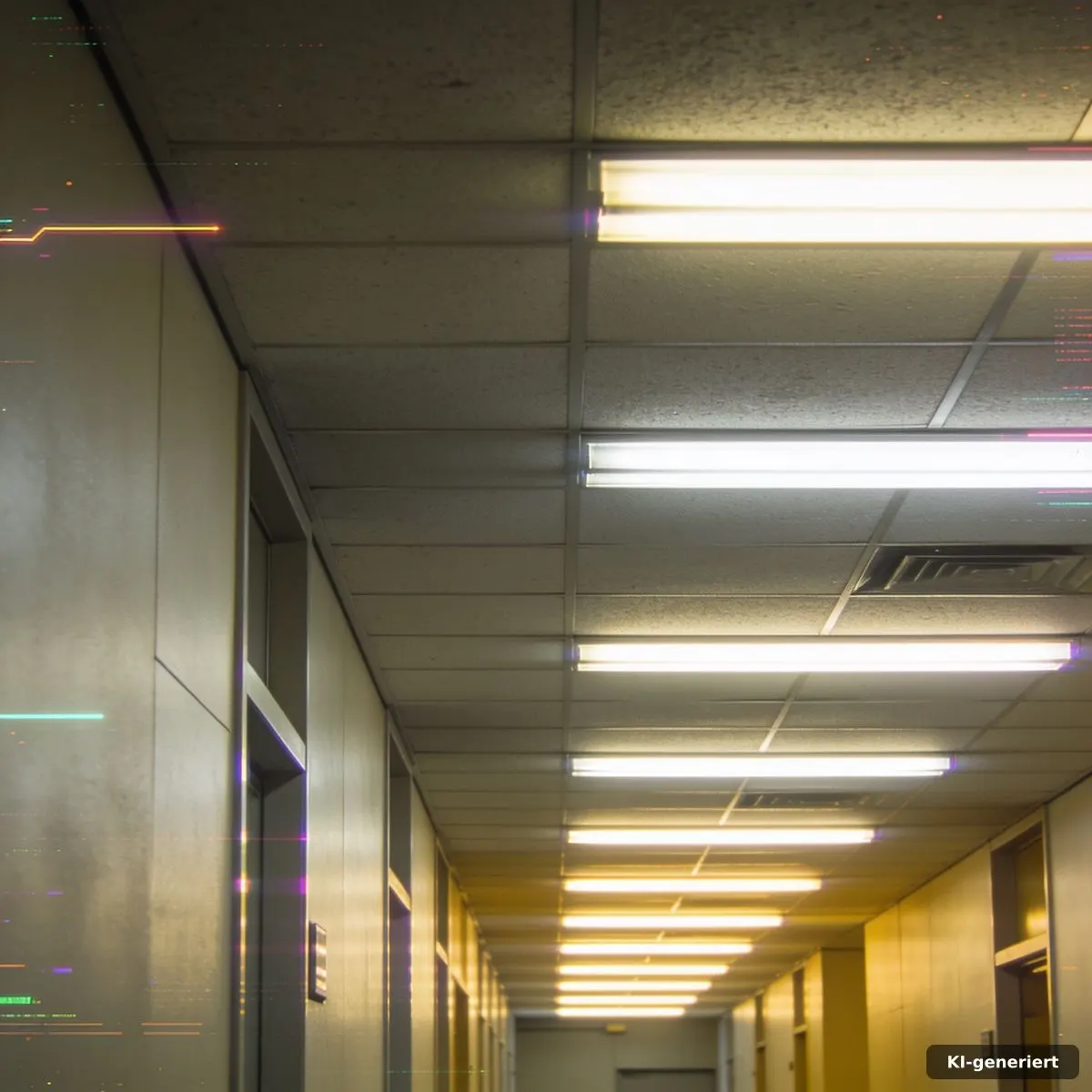 Verlassener Büroflur mit flackernden Leuchtstoffröhren aus dem Backrooms Horror Film