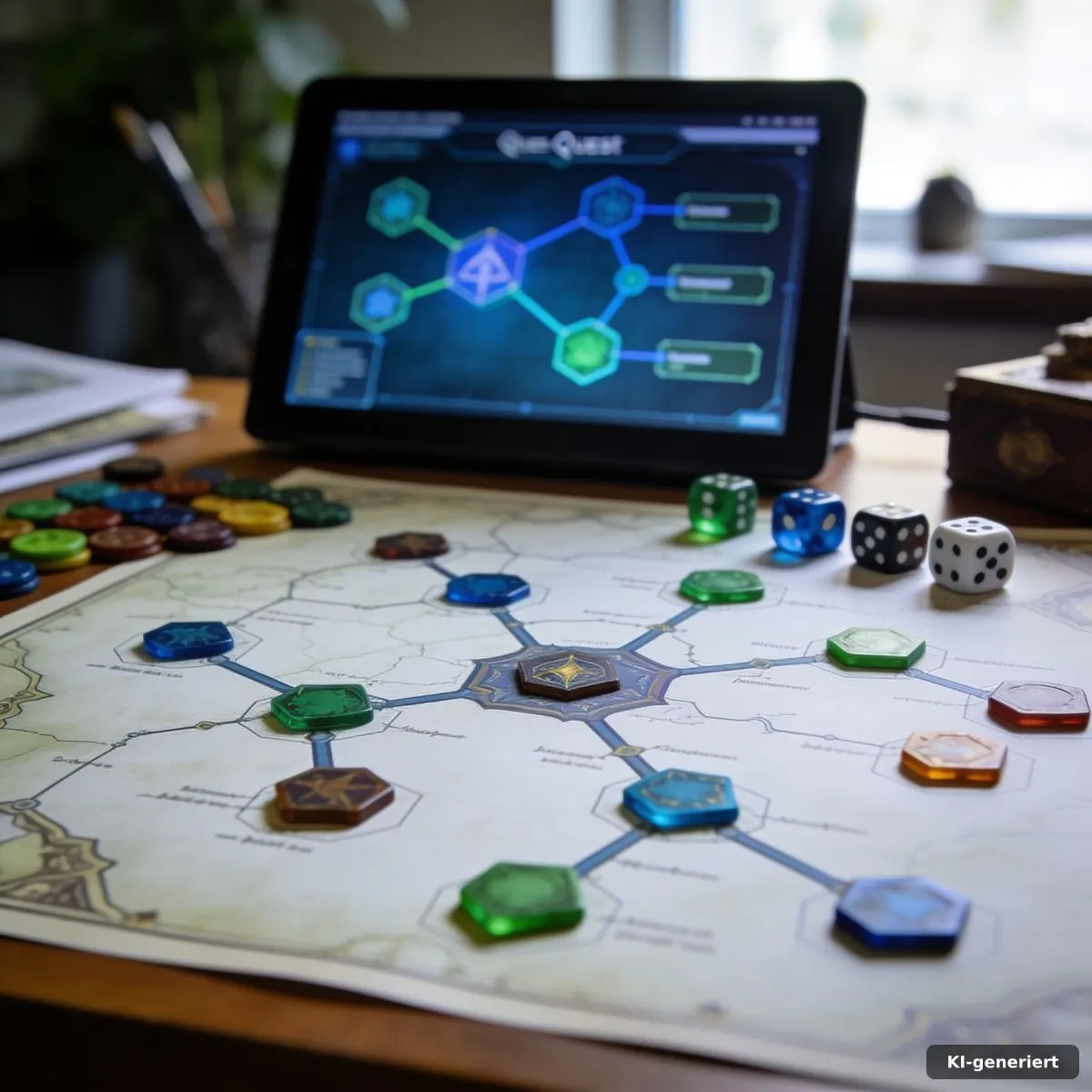 Entwicklerarbeitsplatz mit verzweigten Quest-Pfaden und Spielmarkern