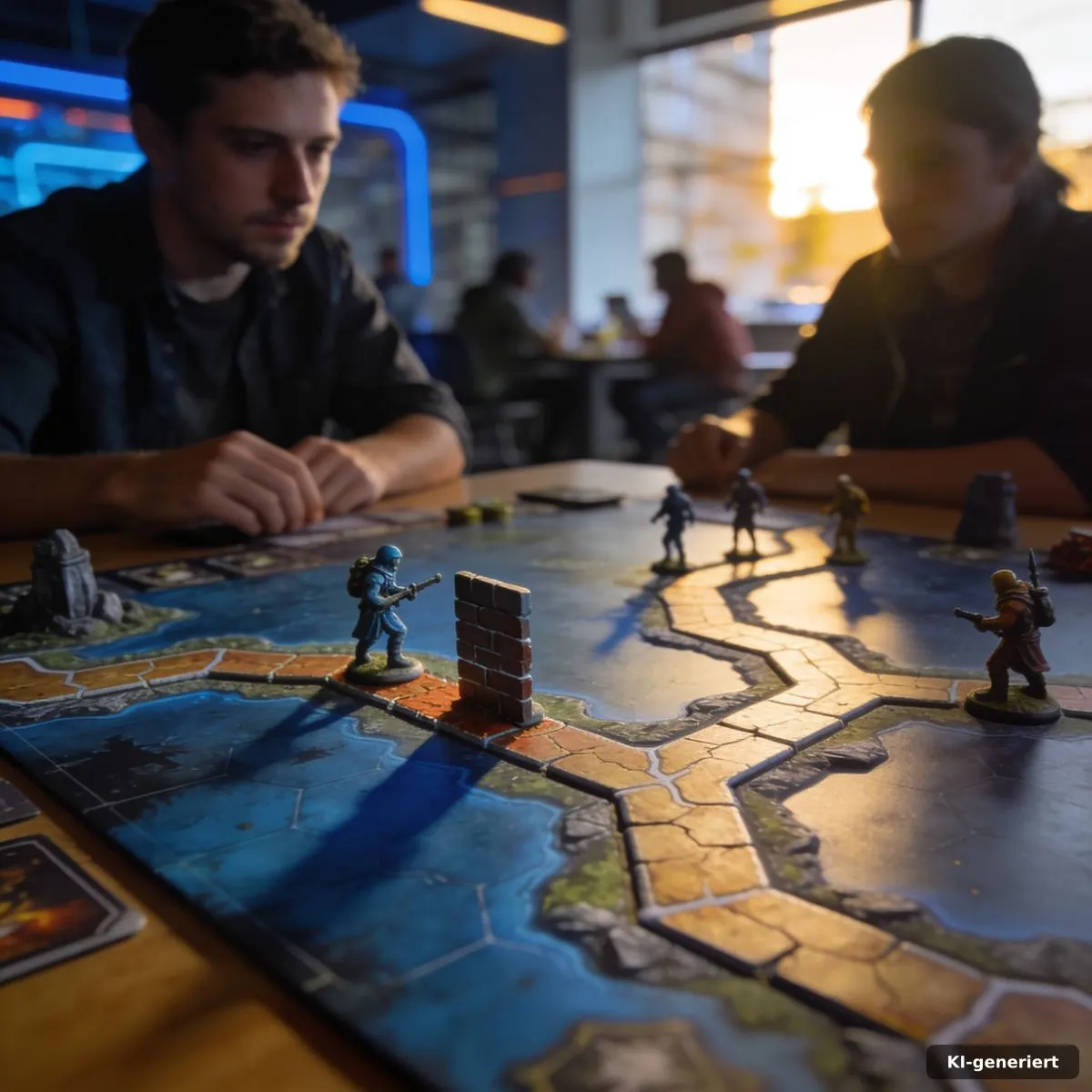 Tabletop-Szene mit mehreren Quest-Routen und einer alternativen Spielfigur