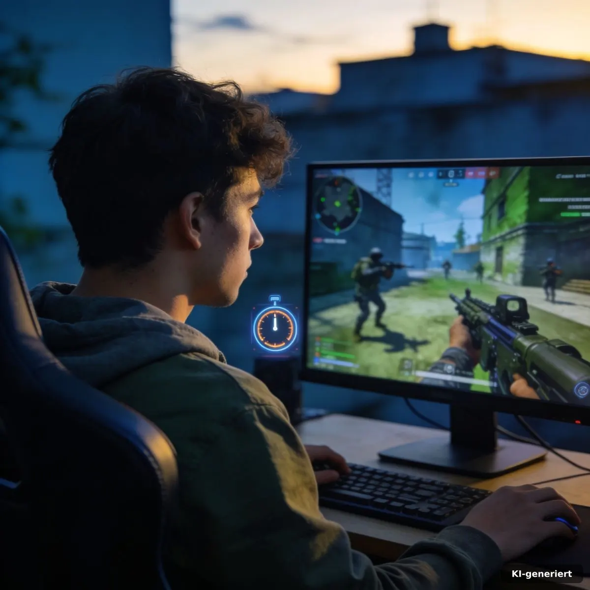 Gaming-Schreibtisch mit Multiplayer-Shooter und sichtbarer Wartezeit