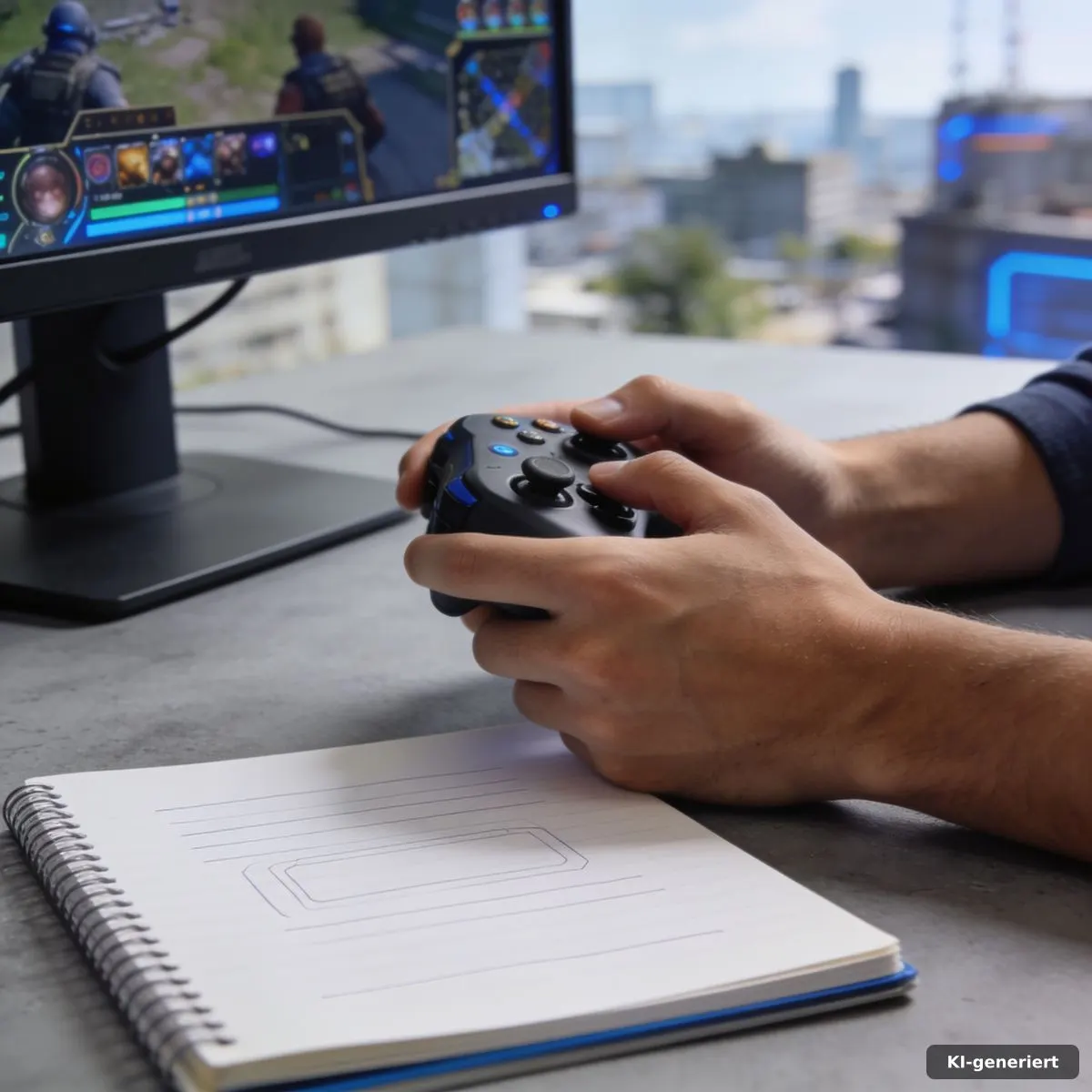 Controller neben Notizbuch und unscharfer Multiplayer-Lobby