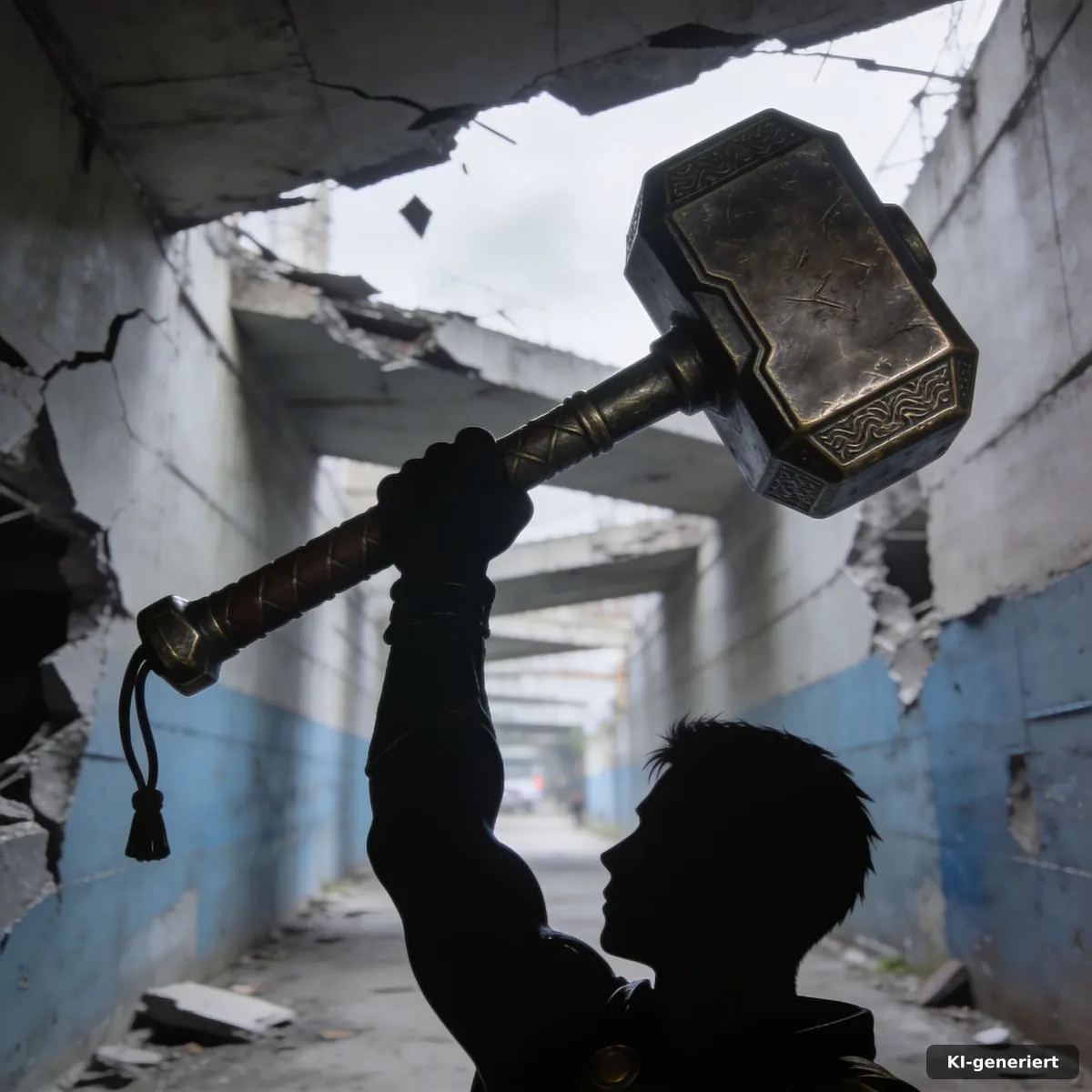 Silhouette mit großem Hammer in einem verzerrten urbanen Durchgang