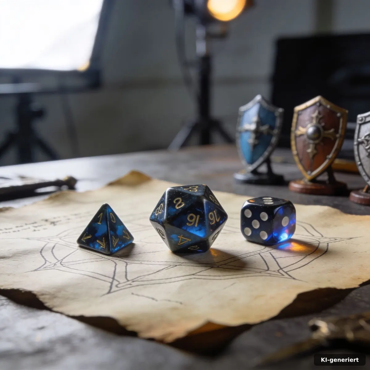 Spielwürfel und Requisiten auf einem Tisch einer Fantasy-Filmproduktion