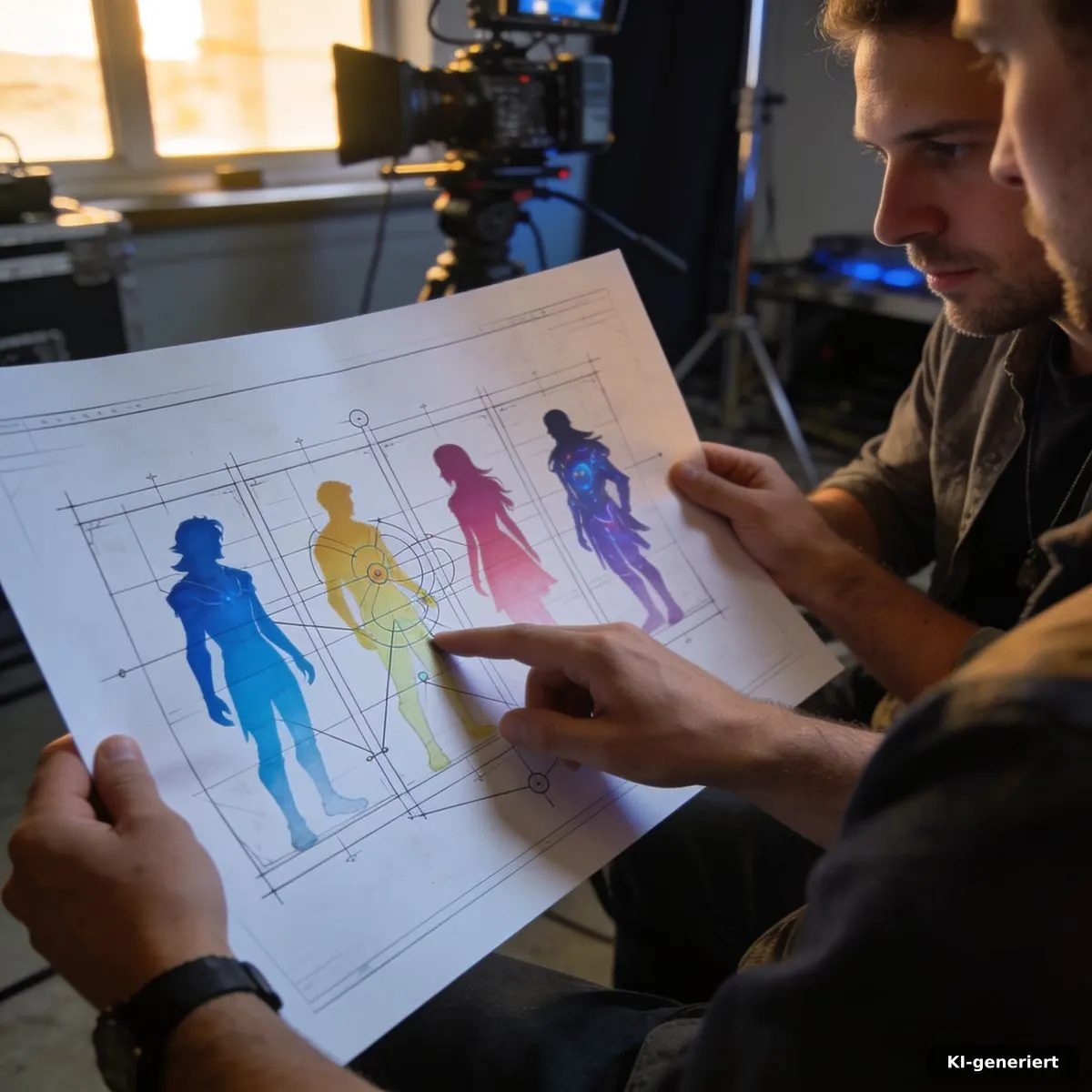 Filmteam betrachtet ein Fantasy-Storyboard neben Kameraausrüstung
