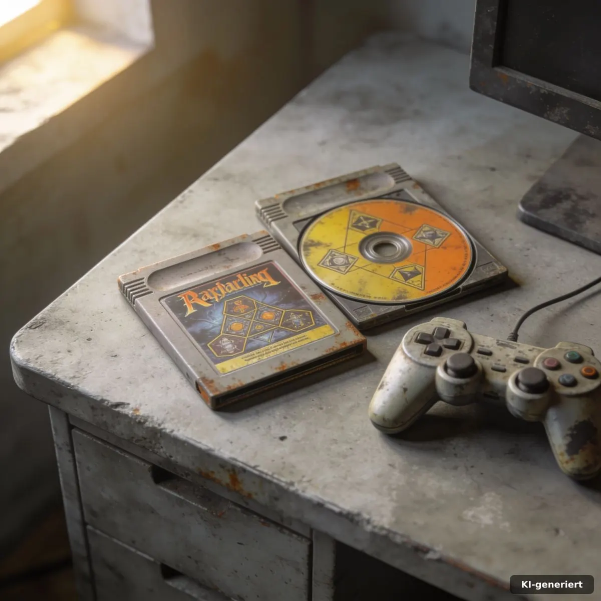Verwitterte Rollenspiel-Discs und Controller auf einem Beton-Tisch