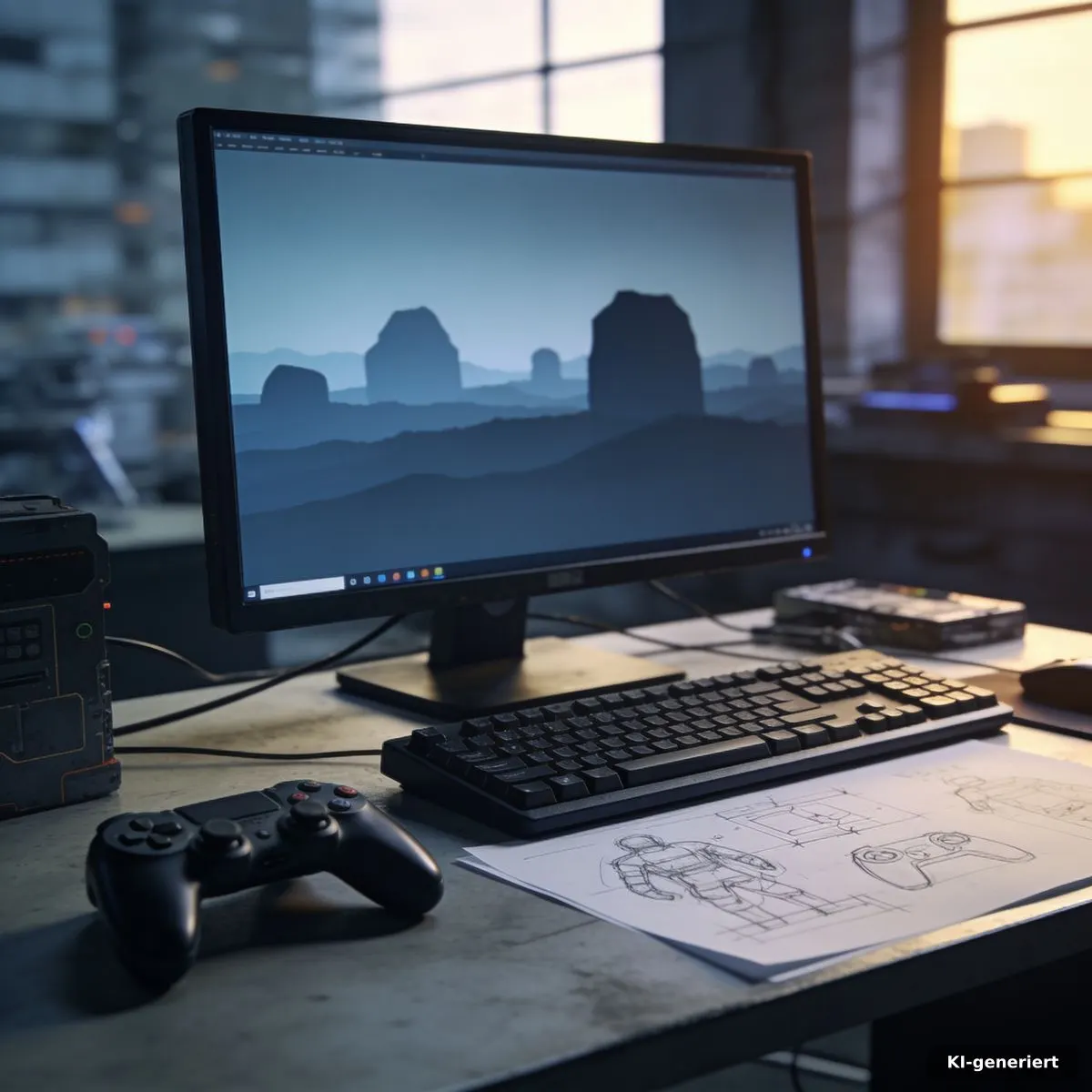Entwicklungsarbeitsplatz mit Controller, Monitor und technischen Skizzen