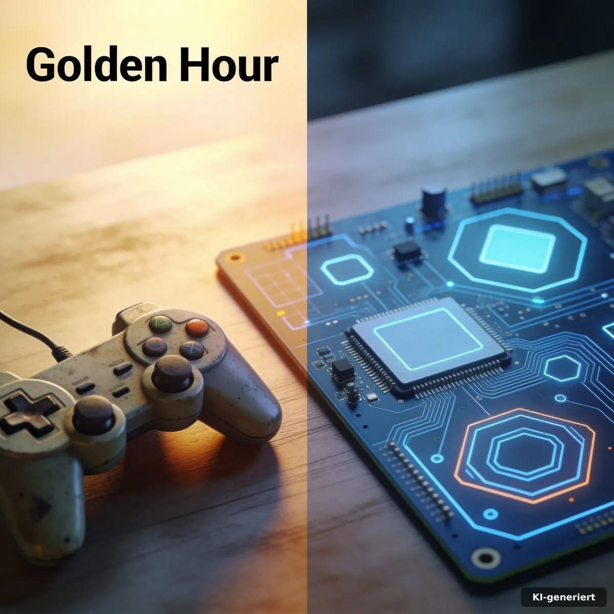 Geteilter Arbeitsplatz mit klassischem Controller und futuristischer Entwicklungsfläche