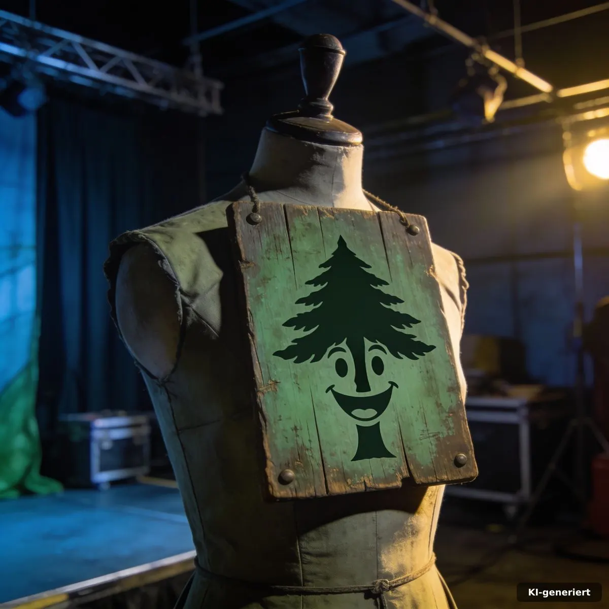 Kostümständer hinter der Bühne mit Schild und stilisiertem lachendem Baum