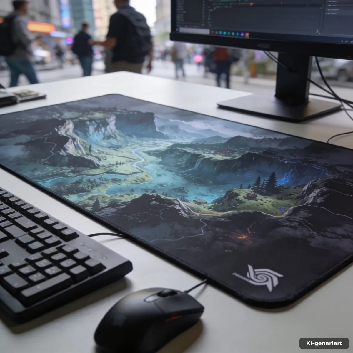 Großes Karten-Mauspad neben Tastatur und Maus auf einem Gaming-Schreibtisch