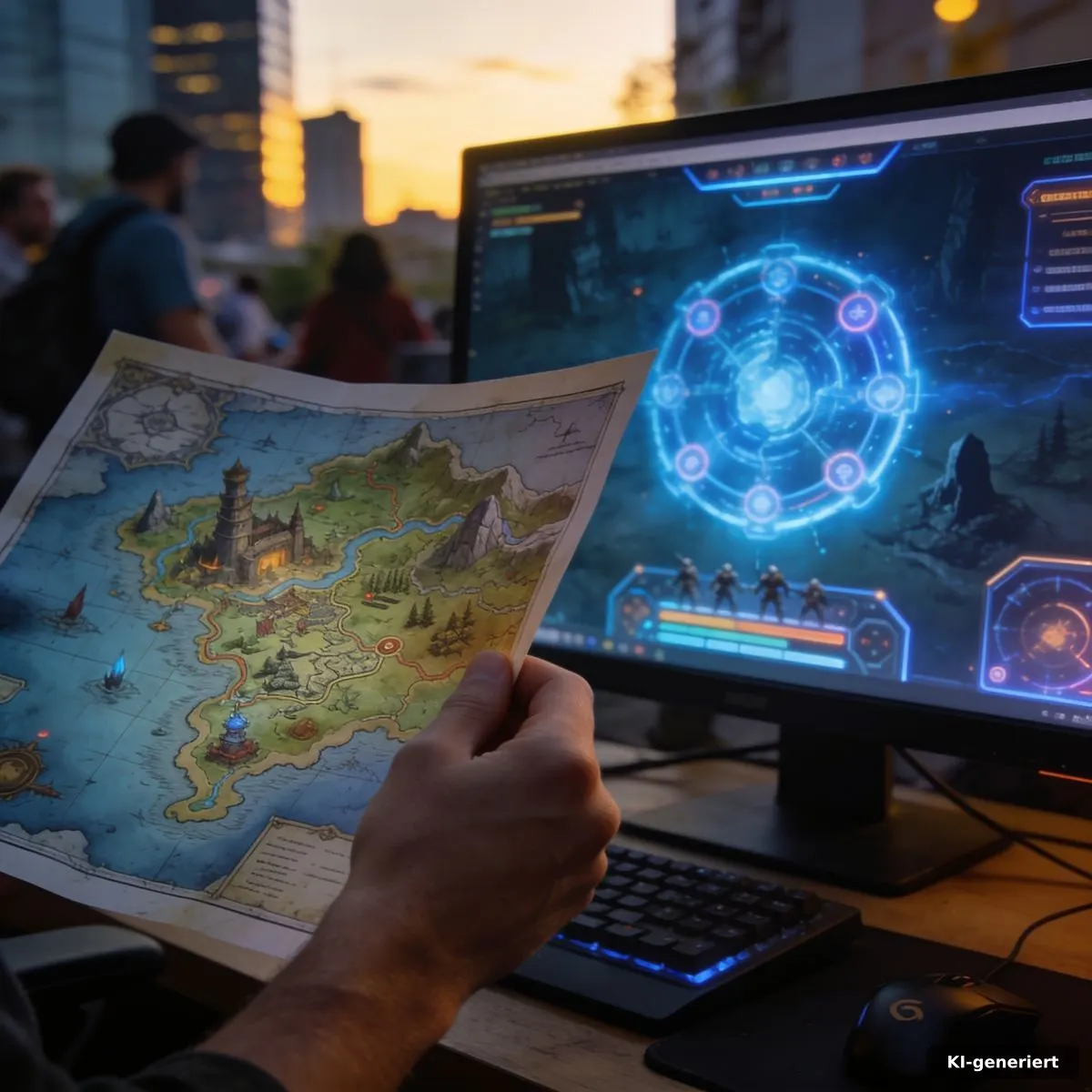 Gedruckte Karte neben einem beleuchteten Spielbildschirm beim Vergleich der Orientierung