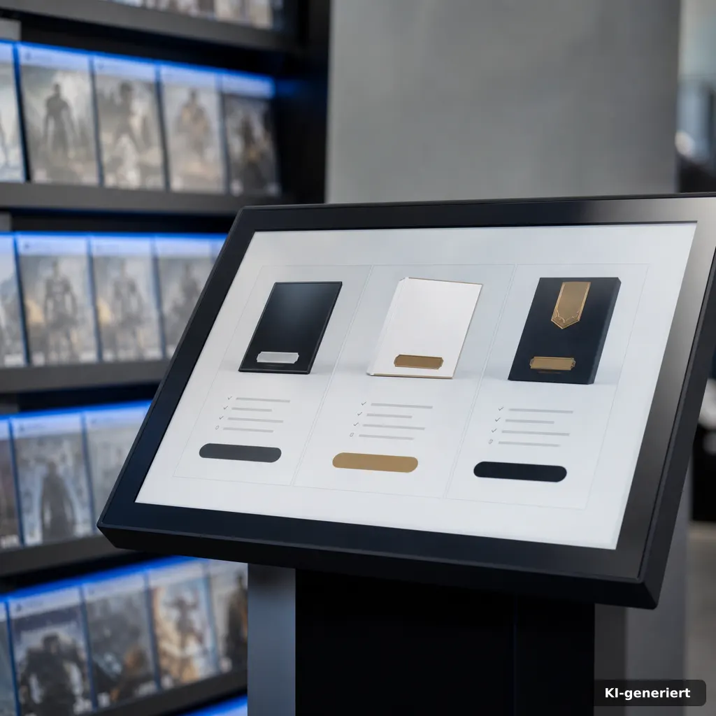 Gta 6 Infos zu Preis, Online-Modus und Ultimate Edition 2 editorial photograph of a gaming store pre-order kiosk screen showing abstract price tags and edition icons, shallow dep