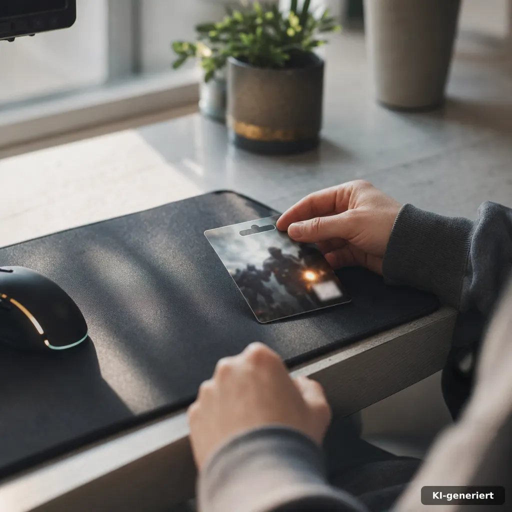 Gta 6 Infos zu Preis, Online-Modus und Ultimate Edition 3 documentary-style photograph of a person’s hands placing a digital game purchase card onto a gaming mousepad, abstract i