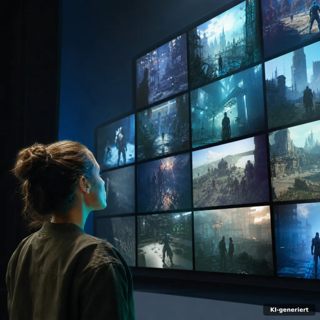 Gta 6 Infos zu Preis, Online-Modus und Ultimate Edition 4 photorealistic editorial shot of a wall of gaming screenshots displayed as abstract panels on a dark monitor array, blue