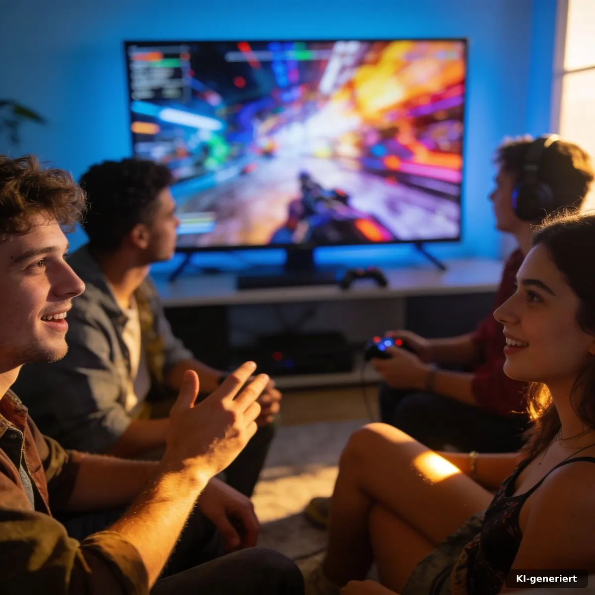 Gaming-Community vor einem großen Bildschirm mit abstrakten Spielszenen
