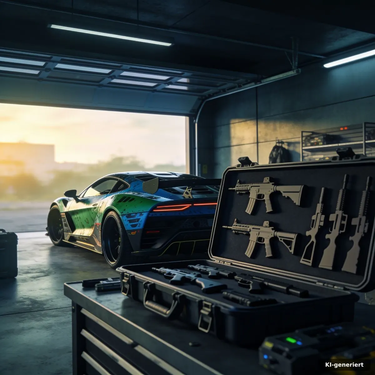 Sportwagen in einer Garage mit vorbereitetem Waffen-Loadout
