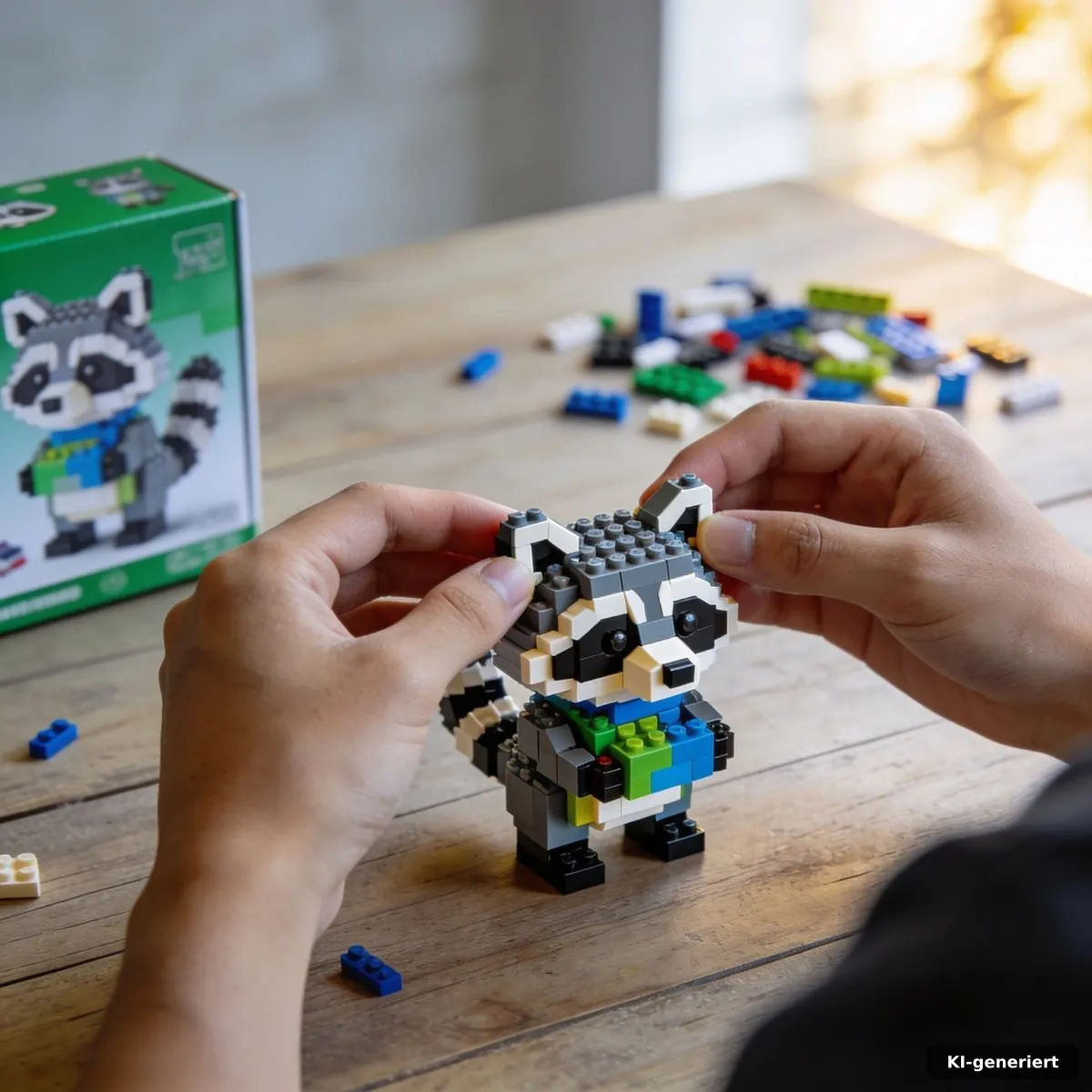 Hände bauen ein Jimothy-Modell aus bunten Klemmbausteinen