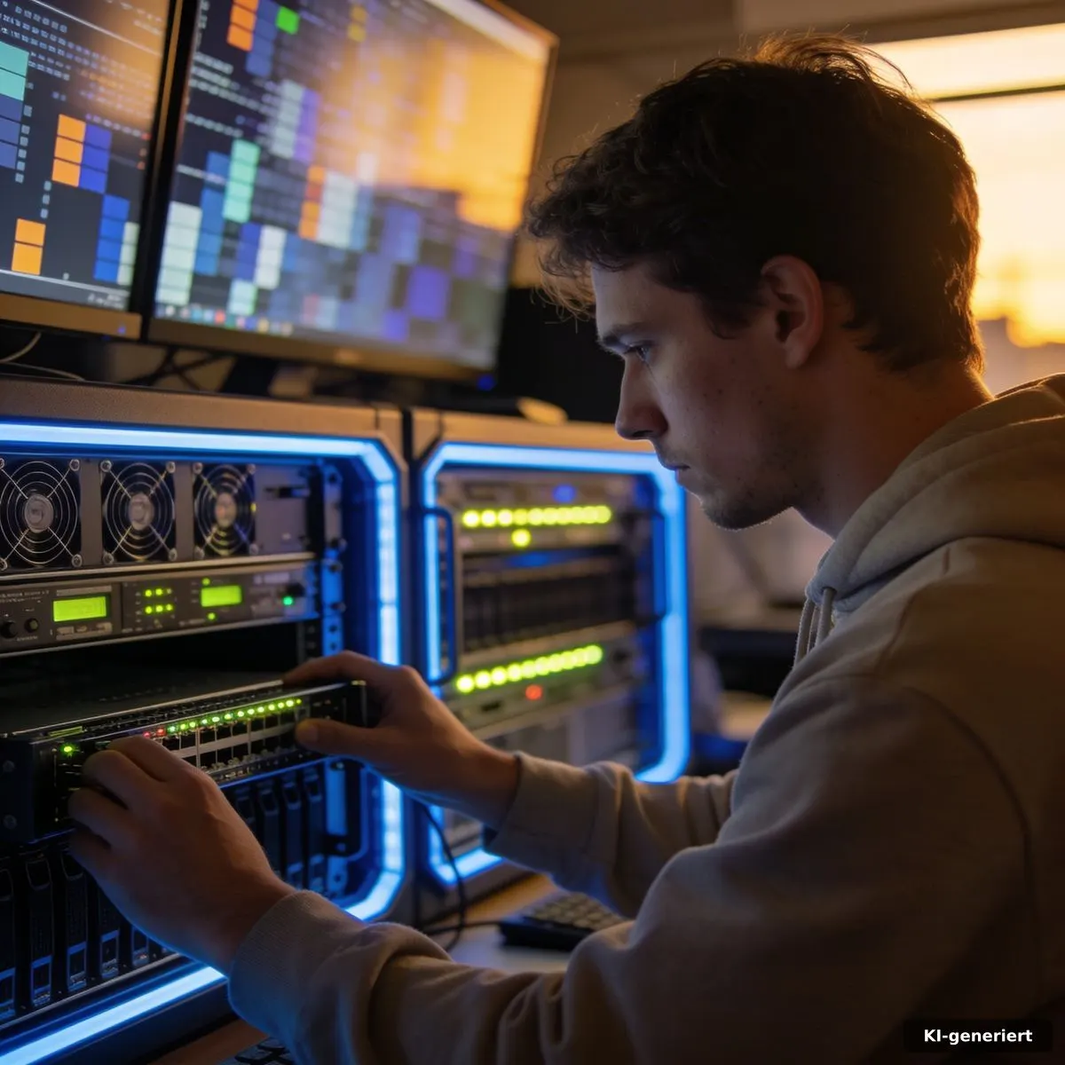 KI Video Detektor von Nvidia: Fake News in 22 ms 2 Medienkontrollraum mit GPU-Technik und abstrakten Videobildschirmen